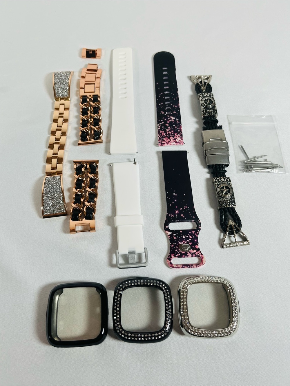 fitbit Versa 2 Rose Gold, White, Black, Pink Watch Band and Bezel Accessory Set
